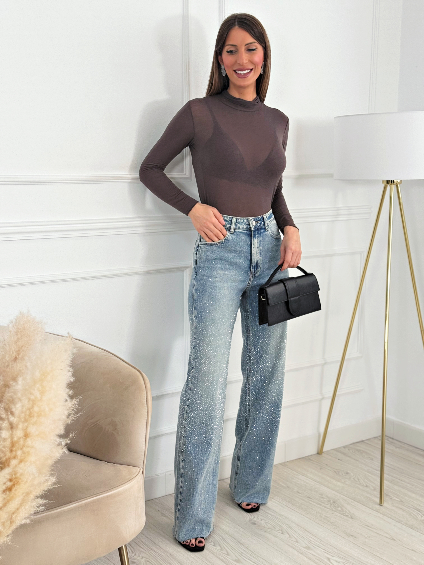 Jeans Wide Leg Comfort Glitter Claro